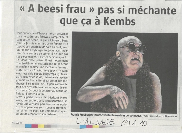 Article dans le journal l'Alsace sur la pièce de théâtre de Pierre Kretz "A beesi frau"